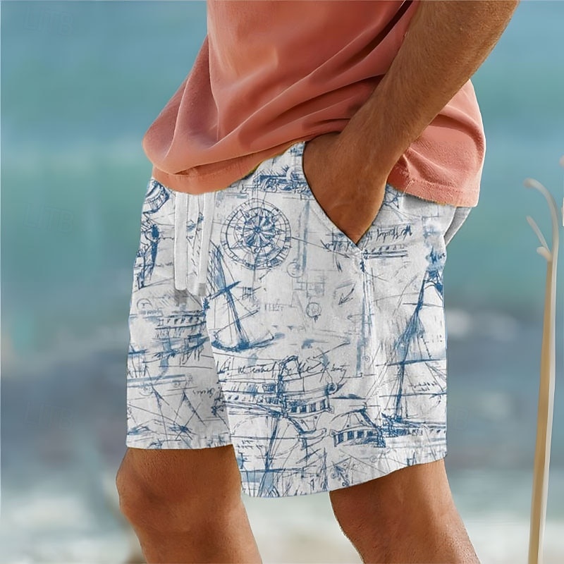 Men's Nautical Compass Sailboat Cotton Linen Shorts Shorts Mid Waist Vintage Retro Vacation Dailywear Holiday Drawstring Pocket Elastic Waist Designer Clothing Apparel