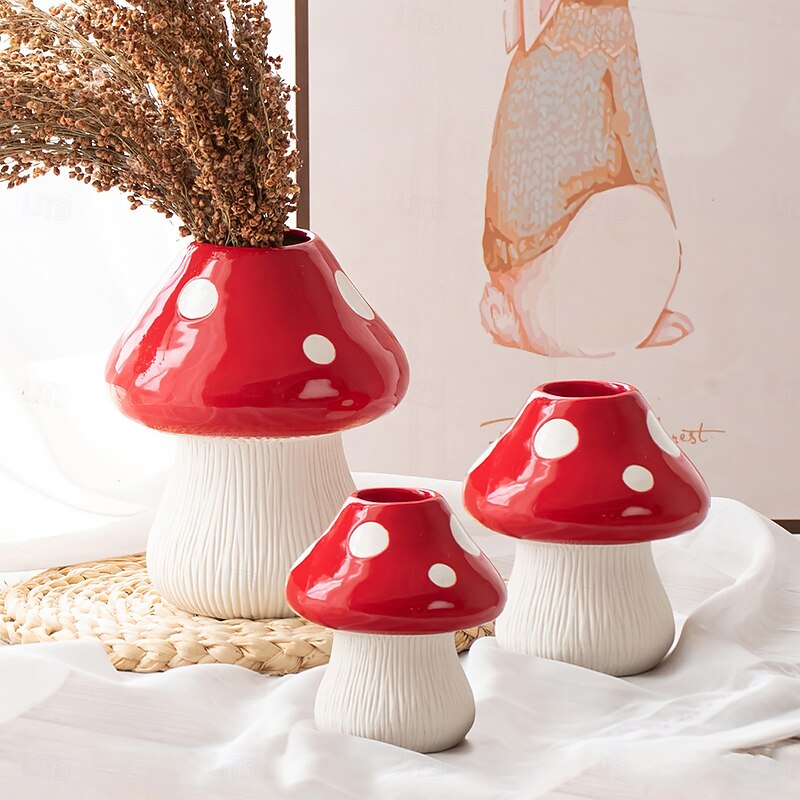 Red Mushroom Shaped Flower Vase with White Dots, Colorful Resin Tabletop Planter, Decorative Hydroponic Vase for Home, Hotel, and Restaurant Decor4