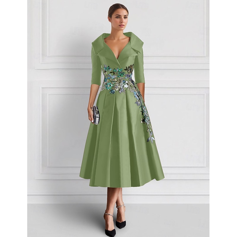 Embroidered A-Line Cocktail Formal Dress Elegant High Split Shirt Collar Ankle Length Satin 3/4 Length Sleeve with