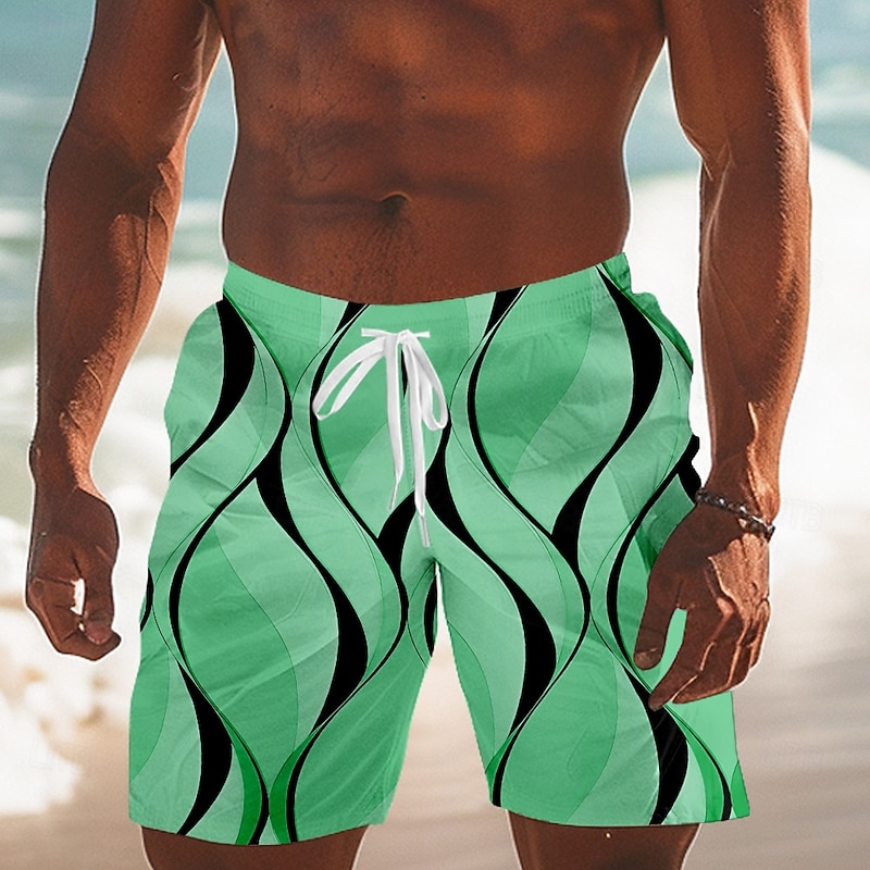 Men's Geometric Line Swim Trunks Swim Shorts Board Shorts Mid Waist Streetwear Hawaiian Vacation Drawstring Mesh Lining Elastic Waist Designer Clothing Apparel3