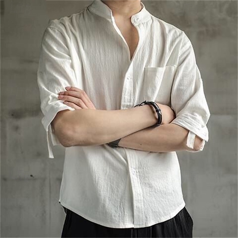 Men's Cotton Linen Shirt Plain Vacation Black White Green Half Sleeve Grandad Collar Summer Clothing Apparel Button-Down