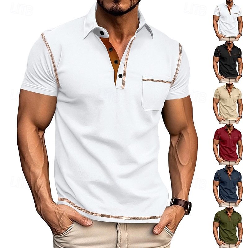 Men's Golf Shirt Golf Polos Shirts Work Casual Lapel Short Sleeve Basic Modern Color Block Patchwork Buttons Summer Regular Fit Black White Navy Blue Khaki Golf Shirt