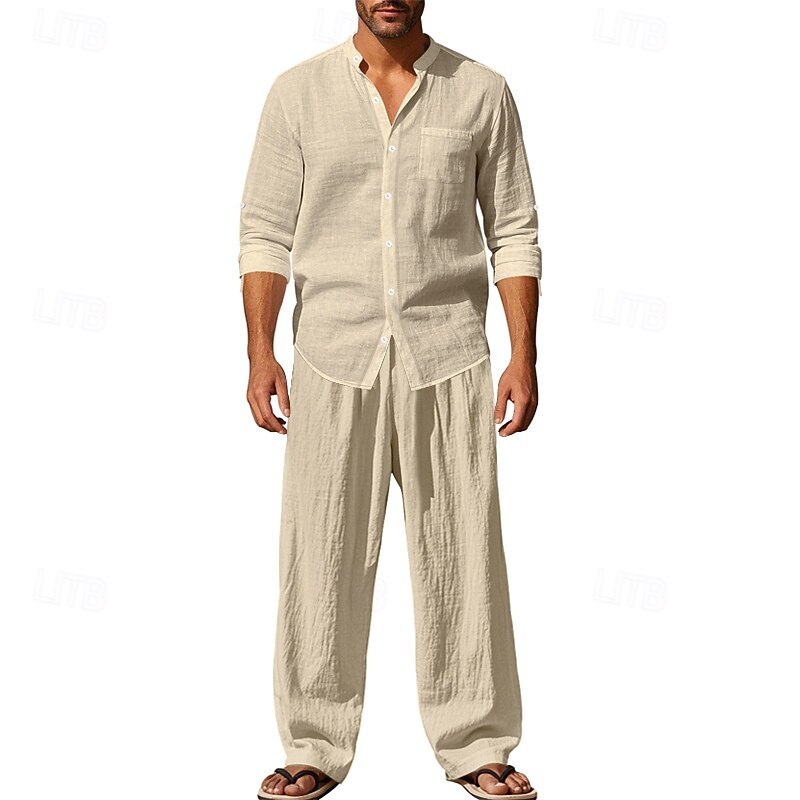 Men's T-shirt Suits Shirt and Pant Sets 2 Pieces Outfits Long Sleeve Stand Collar Summer Spring Plain Fashion Casual 2 Piece Vacation Daily Wear Going out Black White Blue Top Tee for Men3