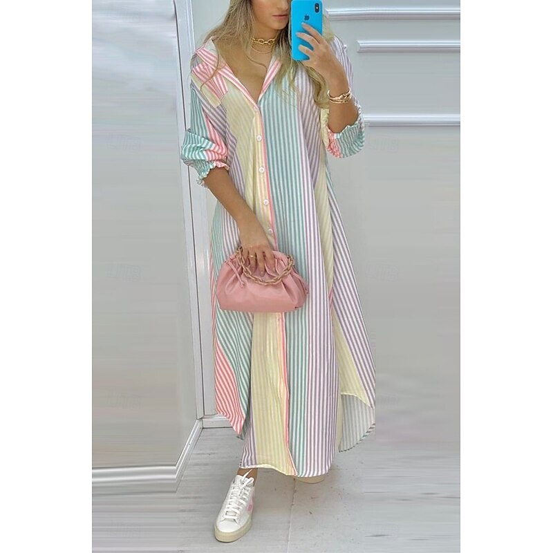Women's Long Dress Maxi Dress Shirt Dress Fashion Outdoor Vacation Holiday Regular Fit Striped Flower Long Sleeve Shirt Collar Black And White White Navy Blue Green Summer4