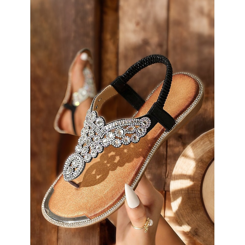 Women's Boho - Style Embellished Brown Sandals – Crystal - Adorned Flat Thong Footwear for Summer Festivals, Beach Trips and Casual Gatherings