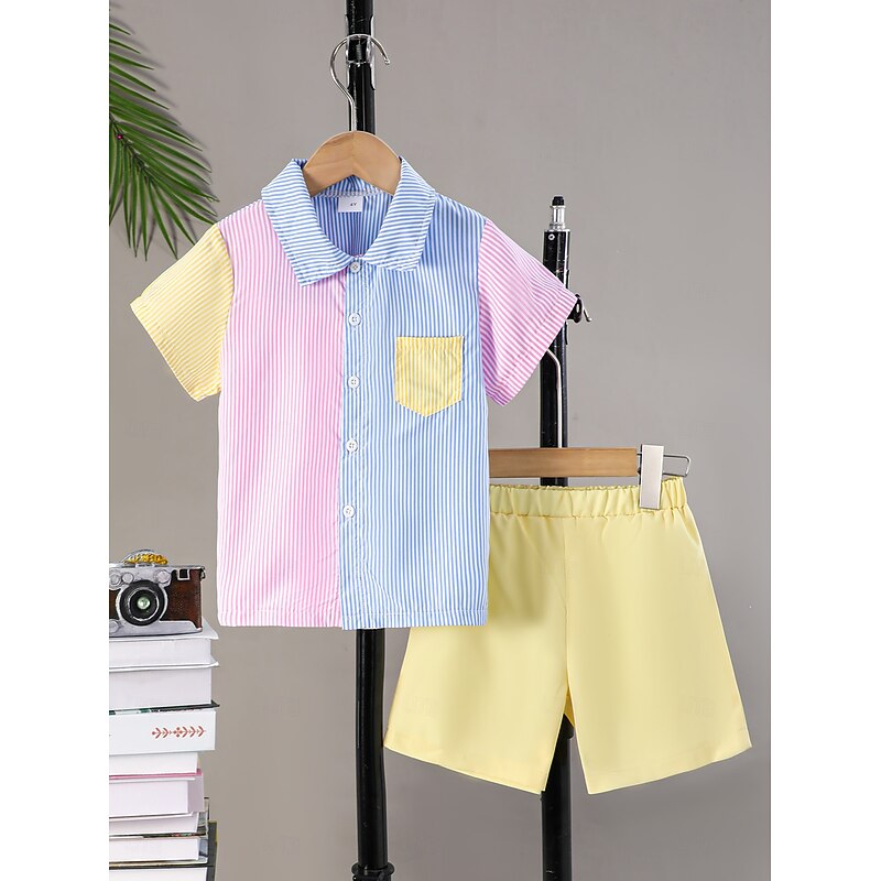 2 Pieces Toddler Boys T-shirt & Shorts Outfit Stripe Short Sleeve Patchwork Set School Neutral Fashion Summer 4-7 Years Multicolor