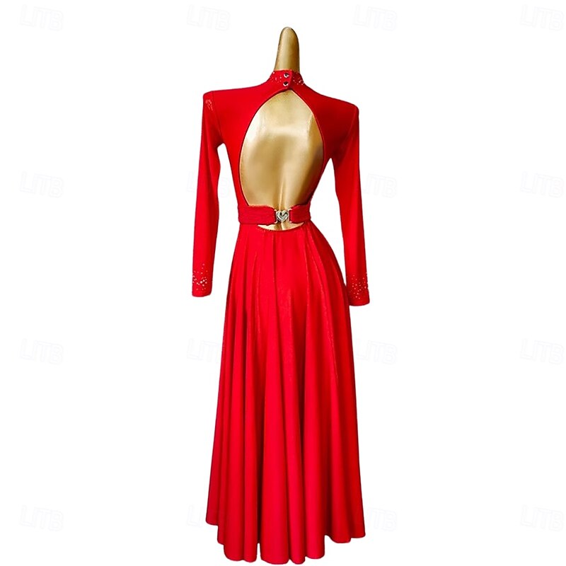 Ballroom Dance Dress Rhinestone Lace Pure Color Women's Performance Party Long Sleeve Spandex2