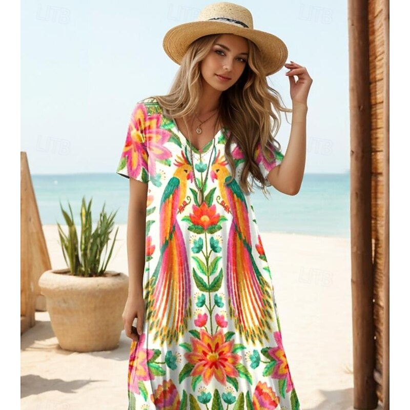Women's Midi Dress Sundress A Line Dress Vacation Casual Vacation Daily Regular Fit Floral Graphic Tropical Short Sleeve V Neck Orange Summer2