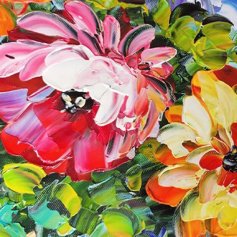 Hand painted Vase of Colorful Flowers oil painting - Hand Painted Palette Knife Flower Oil Painting On Canvas Thick Painting Heavy Texture flower oil paintings for bedroom living room artwork4