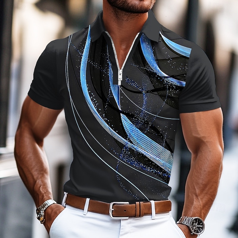 Men's Geometic Line Zip Polo Shirts Short Sleeve Polo Shirts Collared Shirts Business Casual Business Athleisure Wear to work Daily Wear 3D Print Summer Blue Purple Orange