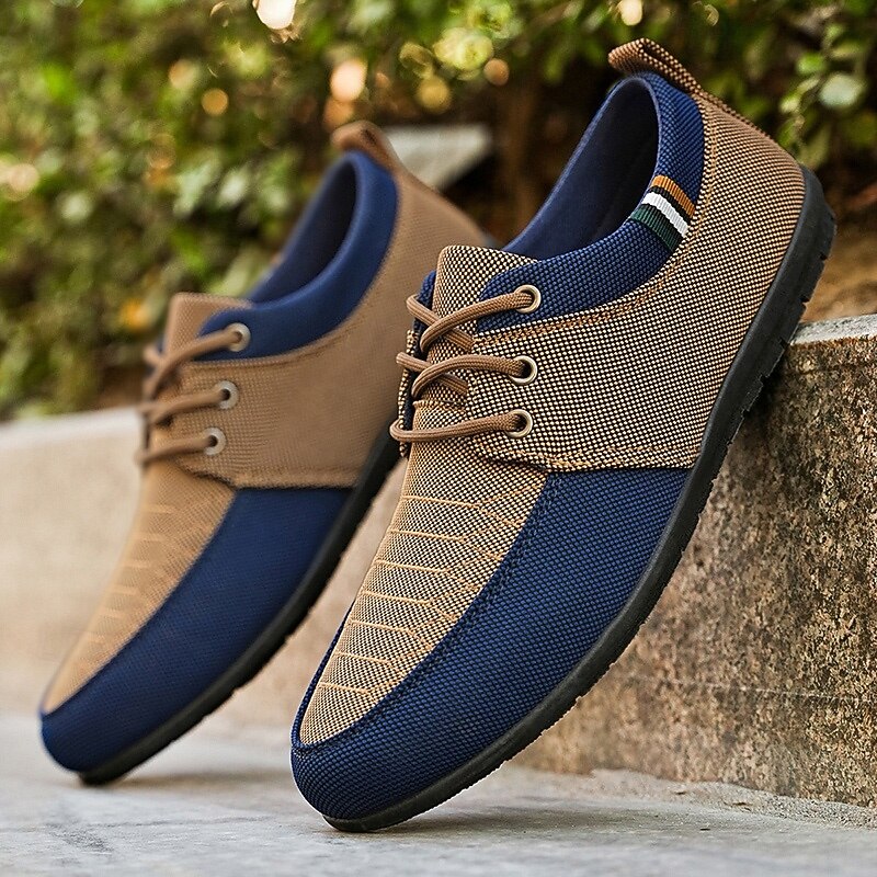 Men's Casual Lace-Up Shoes in Tan & Navy Blue, Unique Woven Design, Perfect for Everyday Style & Comfort3