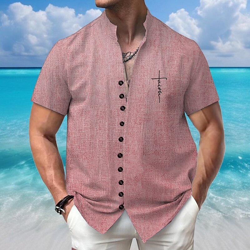 Men's Letter Printed Faith Shirt Summer Hawaiian Shirt Stand Collar Shirt Short Sleeves Hawaiian Vacation Beach Wear Grandad Collar Mandarin Collar Button Up 3D Print Linen Like Shirt Pink Blue Green3