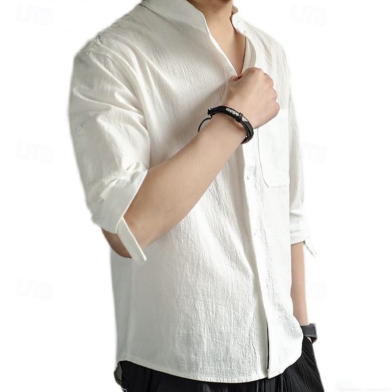Men's Cotton Linen Shirt Plain Vacation Black White Green Half Sleeve Grandad Collar Summer Clothing Apparel Button-Down2
