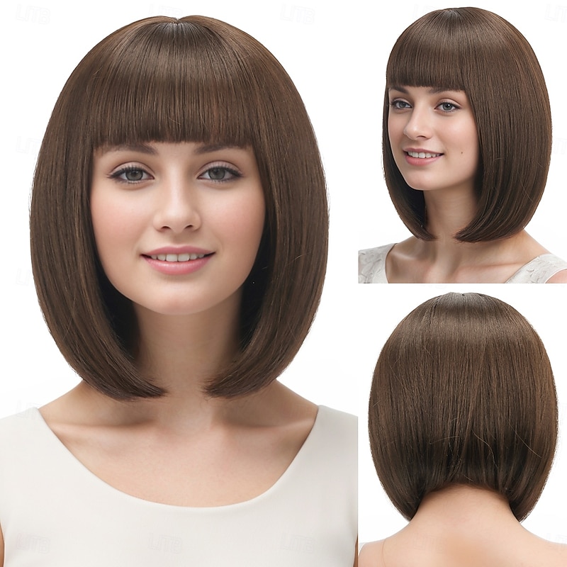 Synthetic Wig kinky Straight Yaki Straight Middle Part Neat Bang Machine Made Wig 12 inch A1 Synthetic Hair Women's Middle Part Classic Comfortable Light Brown