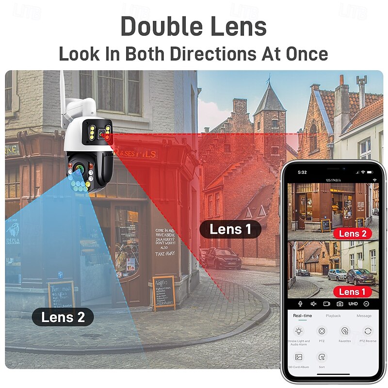 Dual Lens Outdoor WiFi Security Camera - Wireless IP Camera AI Body Tracking Colour Night Vision Two-Way Audio Waterproof Pan/Tilt Rotation3