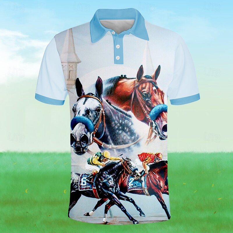 Kentucky Derby Men's Horse Racing Polo Short Sleeve Polo Shirts Collared Shirts Business Casual School Outdoor Daily Wear Festival Outfit 3D Print Summer Spring Fall White