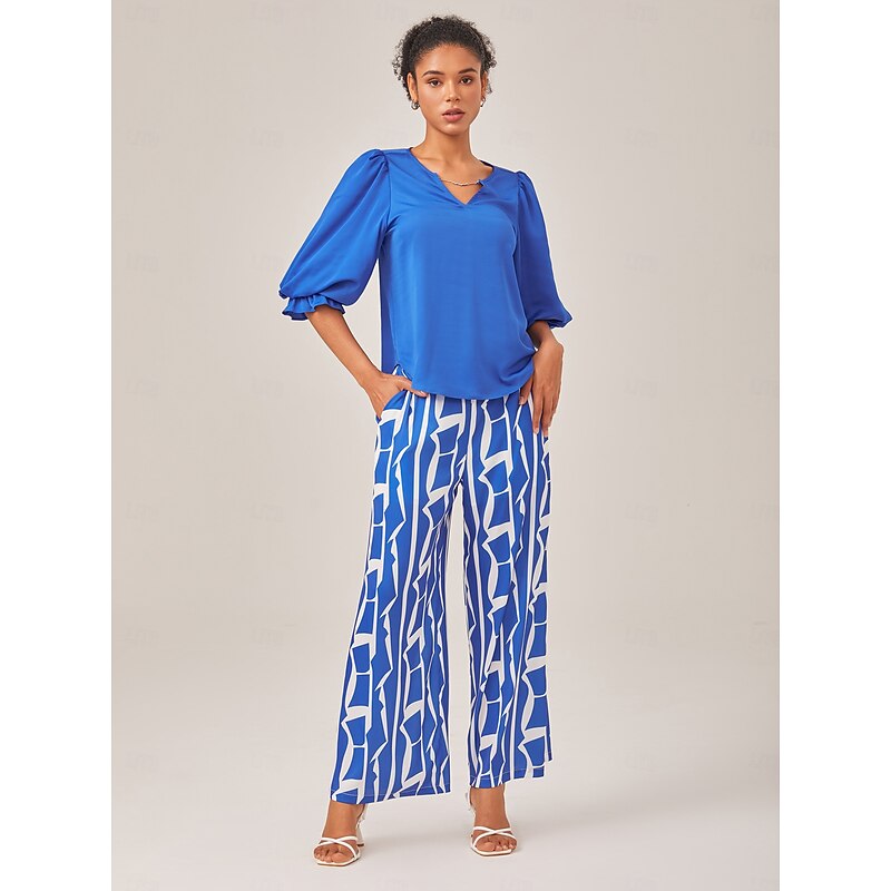 Elegant Vacation-Style Blue Top &  Wide leg Pants Set