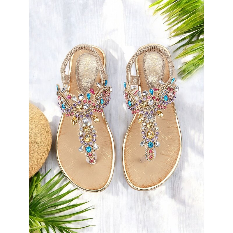 Women's Gold Rhinestone Flat Sandals – Elegant Bohemian T-Strap Sandals for Summer, Beach Vacations, and Casual Outings