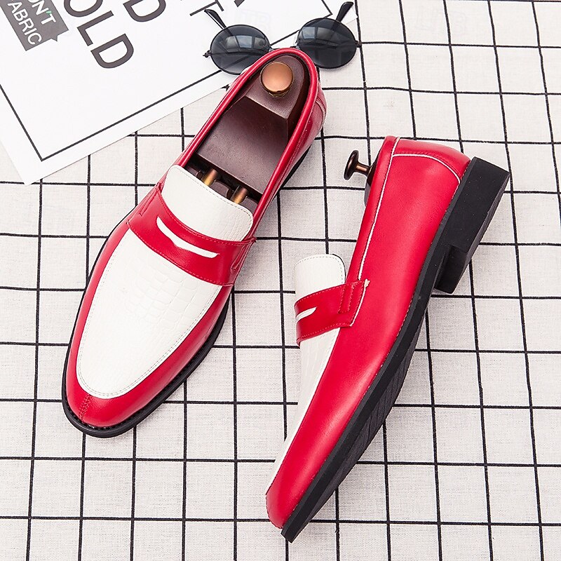 Red and White Faux Leather Loafers for Men - Stylish Two-Tone Dress Shoes for Business and Special Events2