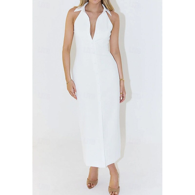 Women's Midi Dress White Dress Graduation Dress Fashion Birthday Holiday Graduation Regular Fit Plain Sleeveless Shirt Collar Black White Summer2