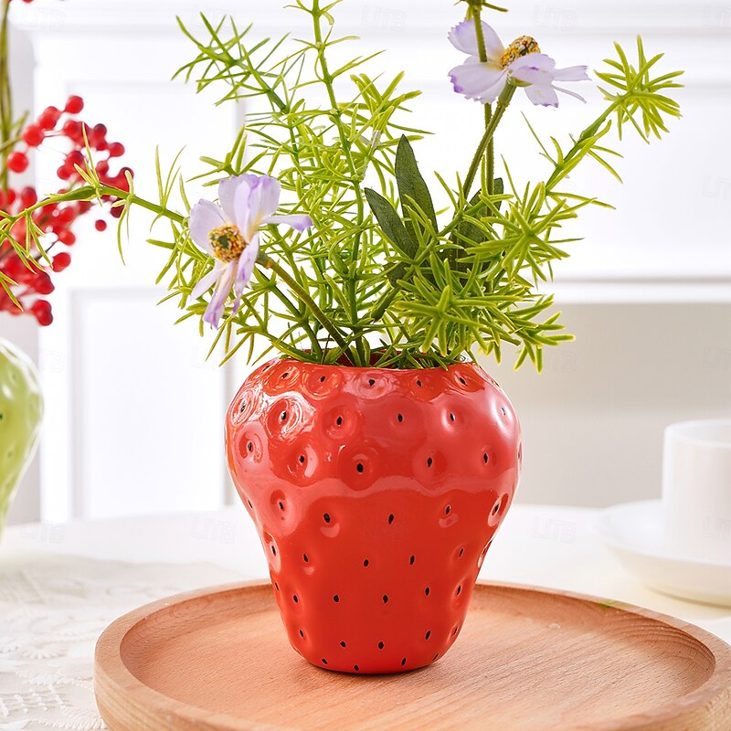 Strawberry Vase, Colorful Resin Handmade Decorative Flower Pot, Red, Pink, Green Options, Adorable Desktop Ornament for Home, Dining Table, Indoor Plants, Succulents, and Floral Arrangements3