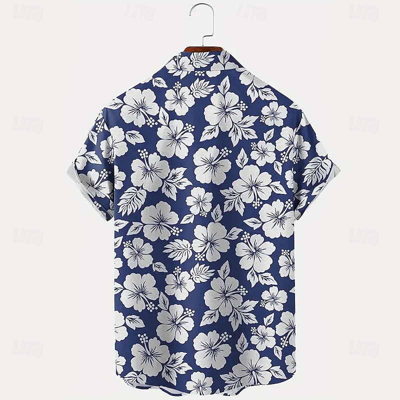 Men's Floral Print Flowers Shirt Summer Hawaiian Shirt Button Up Shirt Short Sleeve Hawaiian Resort Vacation Holiday Beach Wear Summer Turndown 3D Print Collared Shirts Front One Pocket Blue2