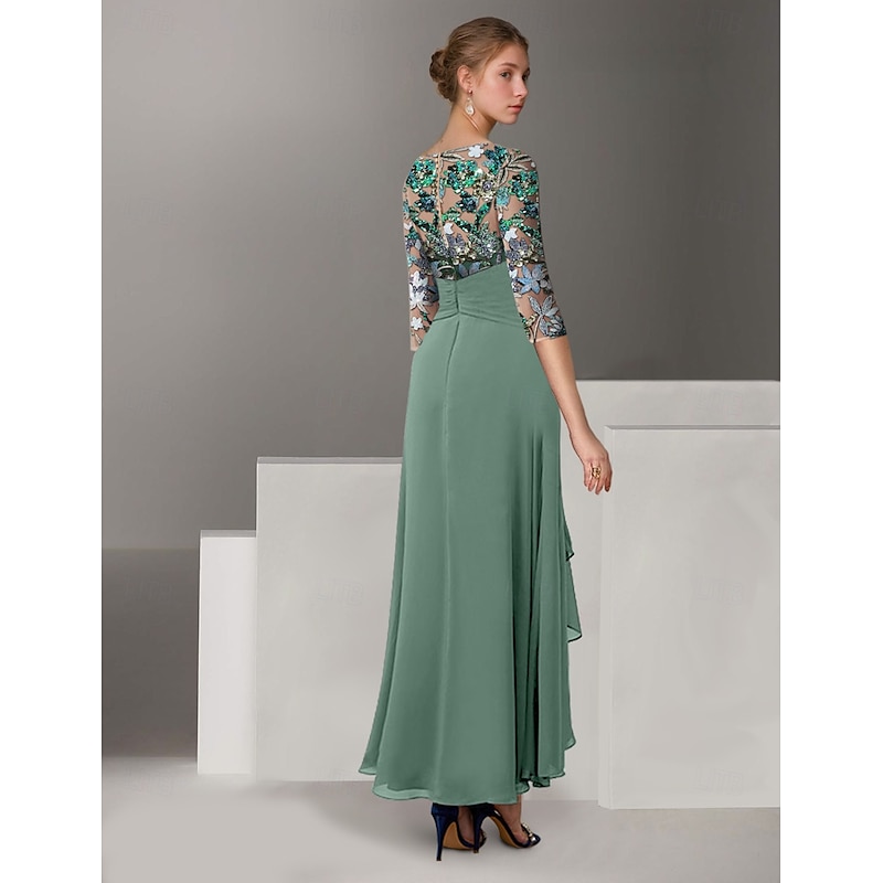 A-Line Embroidered Mother of the Bride Overskirt Dress Elegant Vintage Illusion Neck Ankle Length Chiffon Half Sleeve with Sequin2