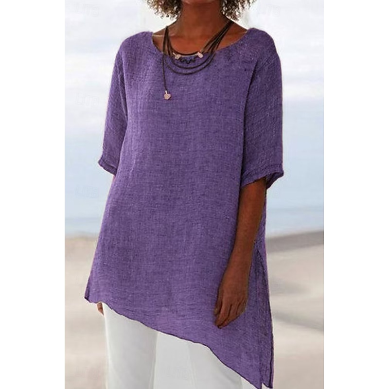 Women's Blouse Cotton Linen Shirts Plain Modern Casual Short Sleeve Crew Neck Regular Tops Daily Holiday Going out Asymmetric Hem Army Green Light Brown Purple Gray Summer4