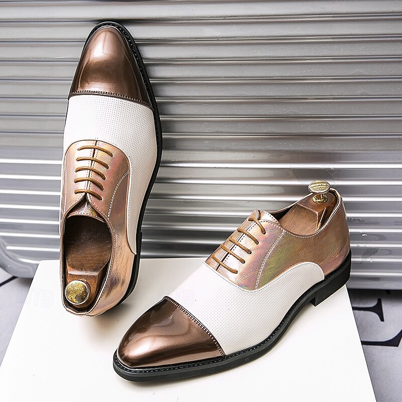 Men's Two-Tone Dress Shoes in Bronze and Cream with Lace-Up Design, Stylish Toe Cap for Elegant Formal Events3