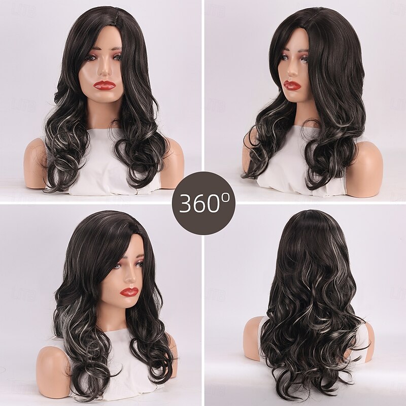 Synthetic Wig Wavy Curly Weave Layered Haircut With Bangs Machine Made Wig 22 inch A1 Synthetic Hair Women's Classic Comfortable Color Gradient Dark Brown Mixed Color4