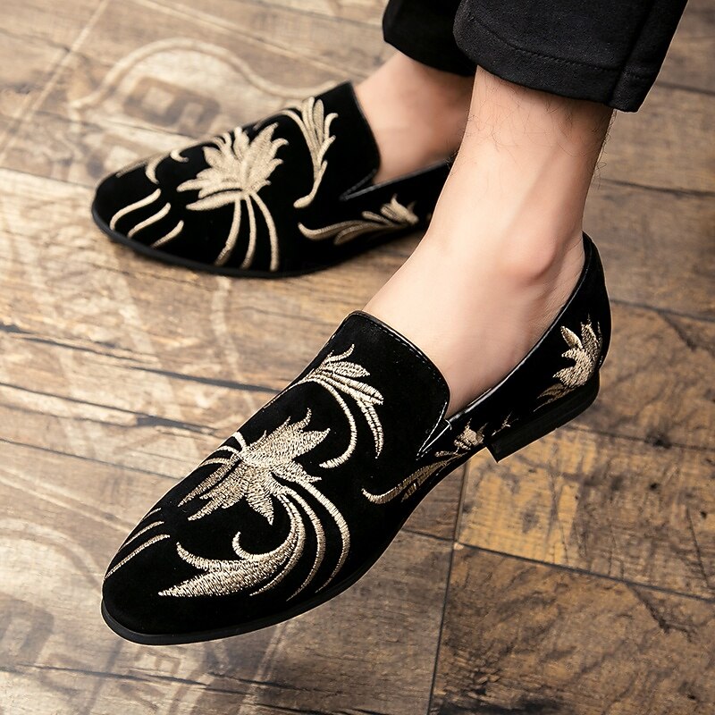 Men's Prom Shoes - Black Velvet Loafers with Golden Embroidered Wheat Motif for Formal Occasions3