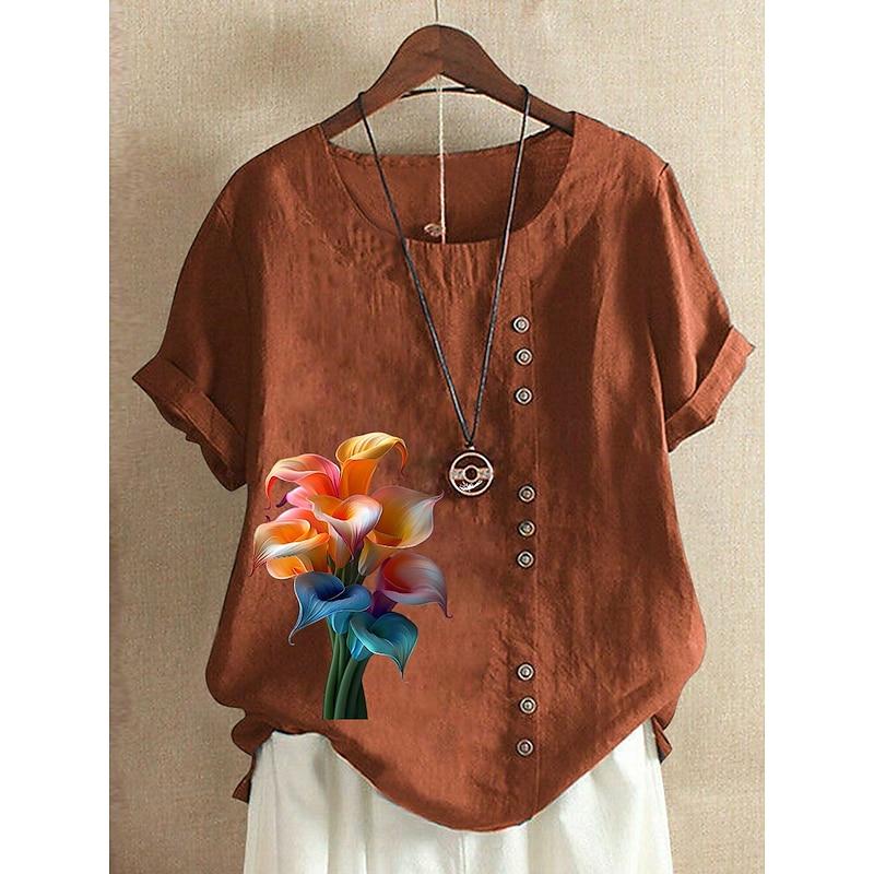 Women's 100% Cotton Blouse Vintage Casual Crew Neck Daily Going out Buttons Print Maroon Grass Green Navy Blue Blue Purple