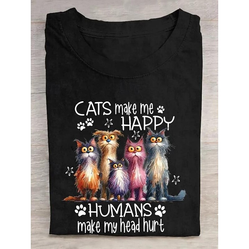 Women's T Shirt Graphic Letter Stylish Casual Short Sleeve Round Neck Regular Tops Daily Weekend Print Black White Blue Purple Summer Spring Cat Funny Slang4