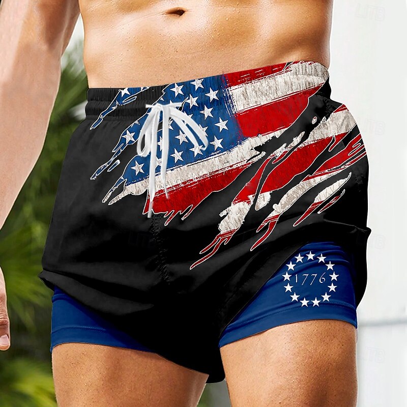 Men's US Flag Patriotic 1776 Lined Shorts 2 in 1 Board Shorts Swimming Trunks Mid Waist Hawaiian Vacation Beach Wear Side Pockets With Compression Liner Elastic Drawstring Waist Designer Clothing2