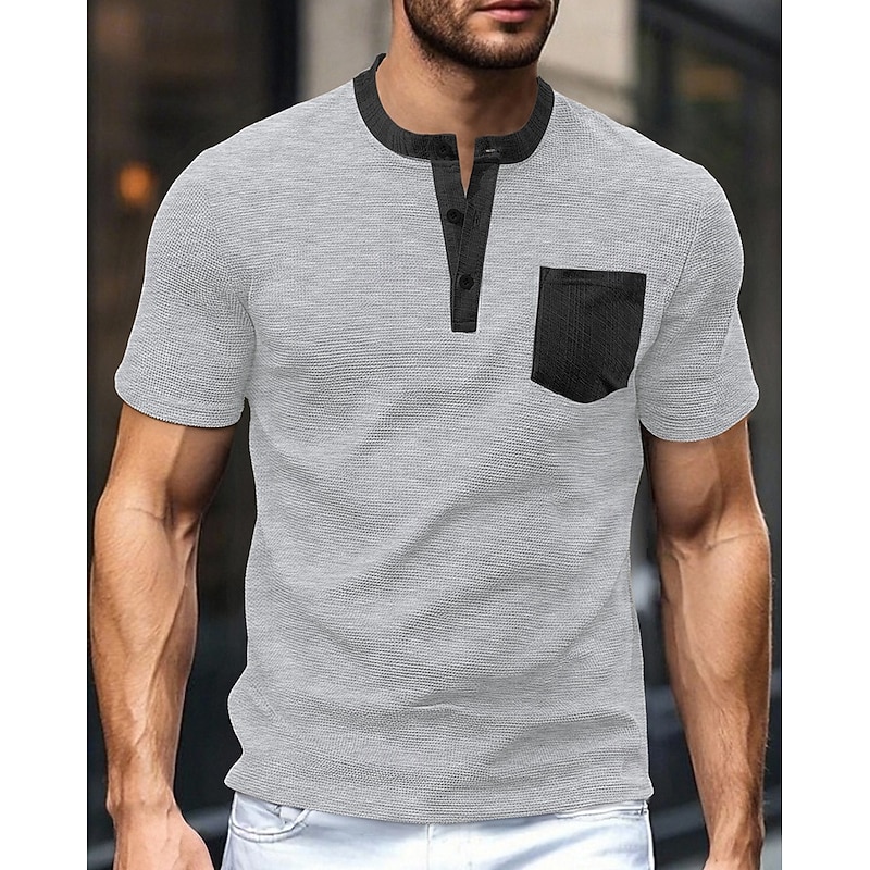Men's T Shirt Henley Shirt Tee Short Sleeve Shirt Short Sleeve Henley Summer Color Block Fashion Designer Fashion Vacation Street Going out Black White Burgundy Top Tee for Men3