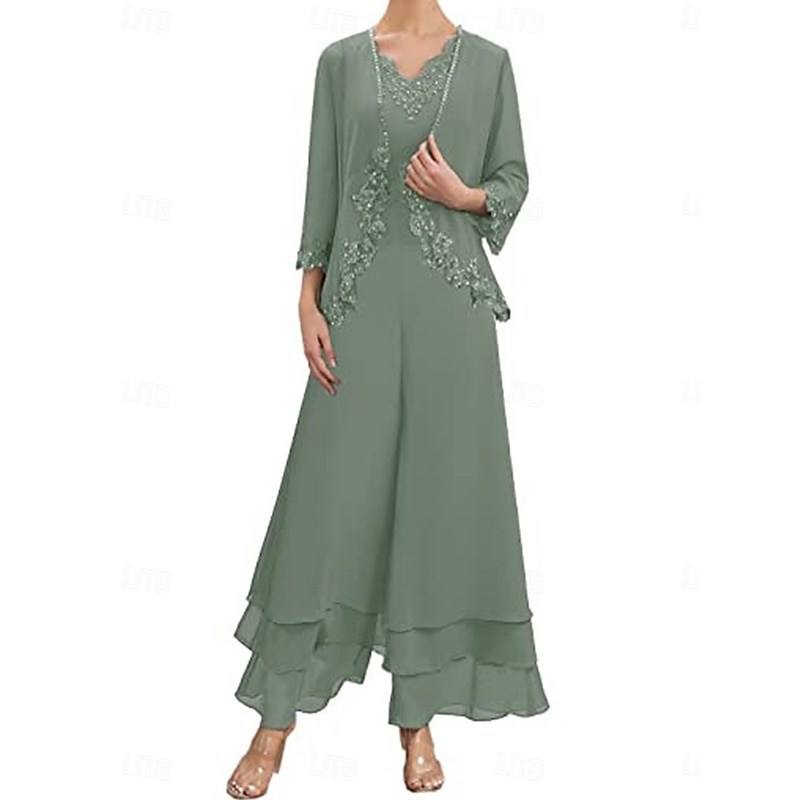 Dress Sets Mother of the Bride Dress Wedding Guest Elegant Simple V Neck Floor Length Polyester Long Sleeve with Embroidery4
