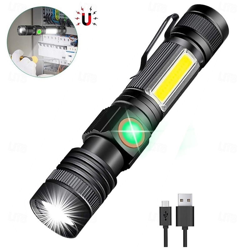 Rechargeable Flashlight Magnetic LED Flashlight with COB sidelight 1200 Lumen Super Bright LED, Waterproof Zoomable 4 Modes Best Flashlight for Camping