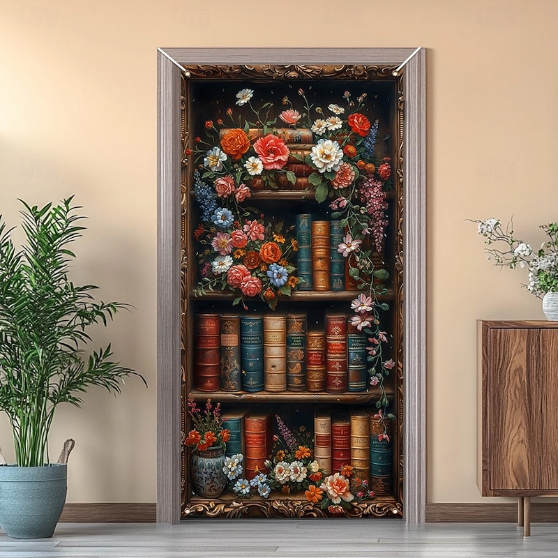 Floral Bookshelf Door Decorations Door Covers Door Tapestry Door Curtain Decoration Backdrop Indoor/Outdoor Door Banner for Front Door Farmhouse3
