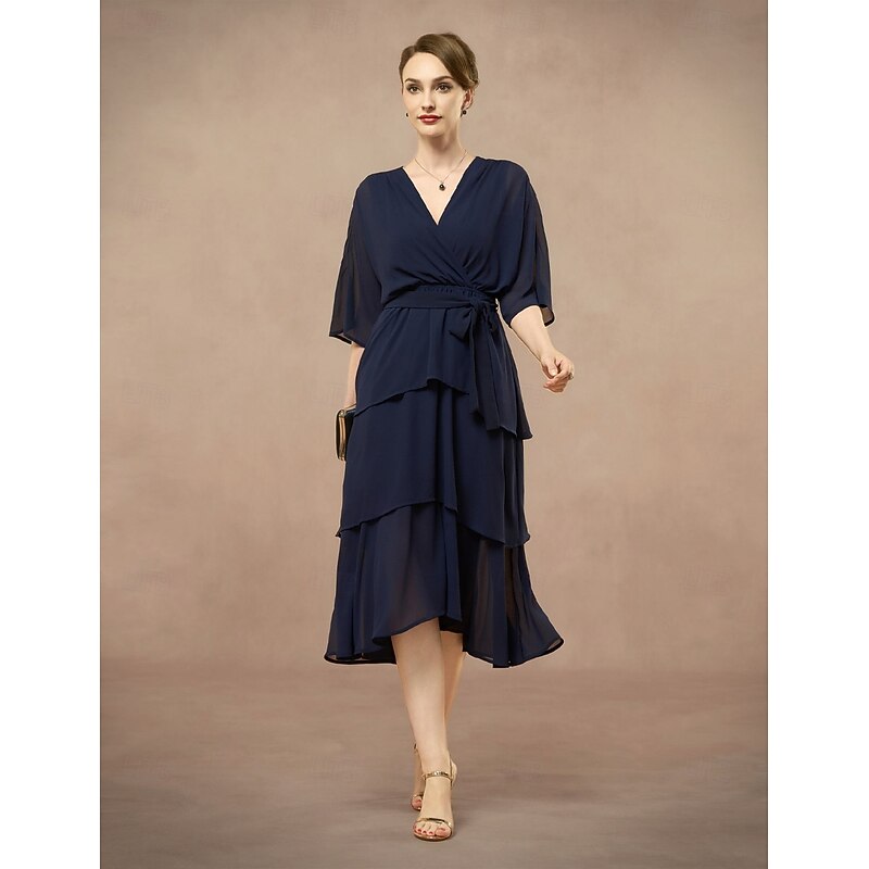 A-Line Mother of the Bride Dress Elegant V Neck Floor Length Chiffon Half Sleeve with Bow(s) Cascading Ruffles Solid Color4