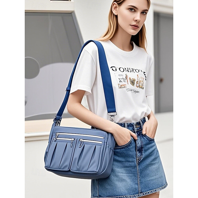 Women's Multi-Pocket Shoulder Bag – Lightweight Waterproof Nylon Crossbody Purse with Zipper Closure for Travel, Work and Daily Use Pink purple Black3