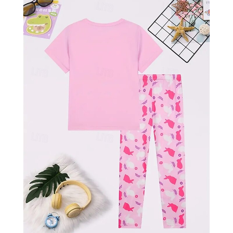 Easter Girls' 3D Graphic Rabbit Pajama Sets Tee & Pants Pajama Sets Short Sleeve 3D Print Summer Spring Active Basic Kids 4 years+ Crew Neck Home Daily Regular Fit2