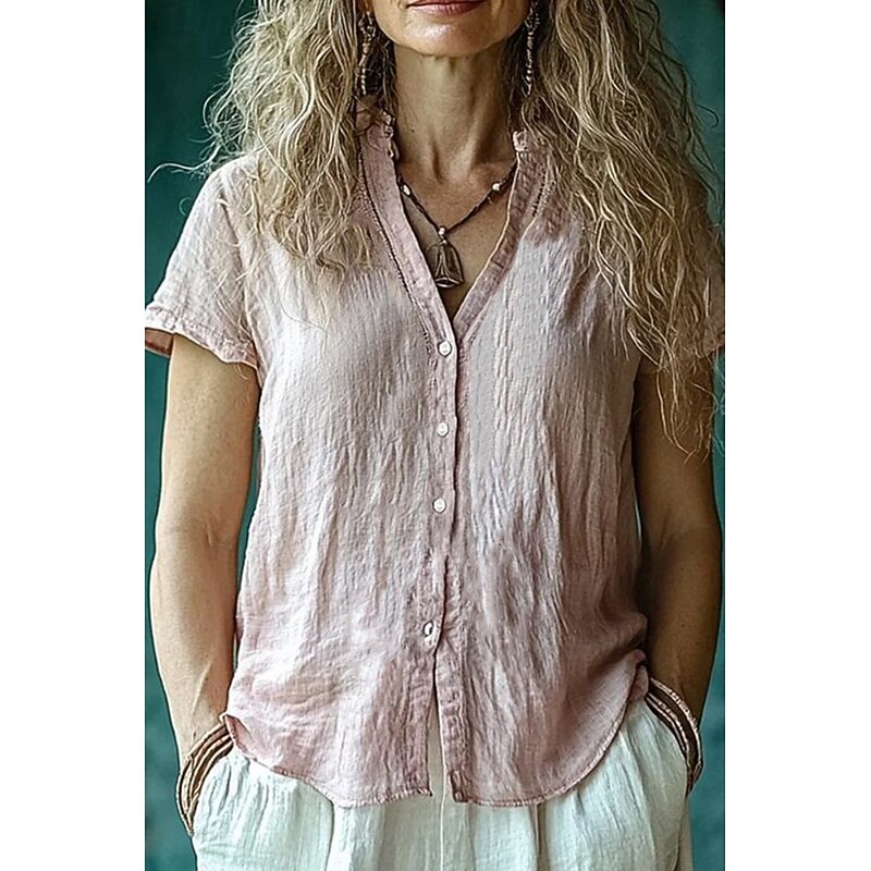 Women's Shirt Cotton Linen Shirts Button Up Blouse Plain Basic Casual Short Sleeve V Neck Regular Tops Holiday Going out Buttons Blush Pink Light Green Light Blue Summer