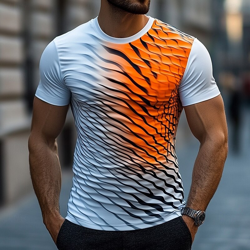 Men's Geometric T Shirt Short Sleeve T shirt 3D Print Crew Neck Shirt Exaggerated Designer Party Casual Holiday Orange Summer Spring Clothing Apparel S M L XL XXL XXXL