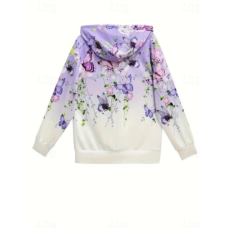 Women's Hooded Sweatshirt Jacket Long Sleeve Zip Up Hoodie With Pocket Lightweight Casual Micro-elastic Oversized Floral Vintage Sports Streetwear Drawstring Front Pocket Blue Green Violet Fall2