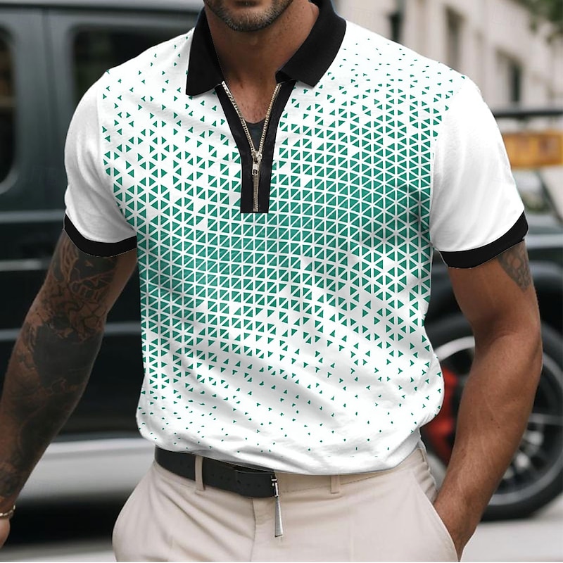 Men's Geometic Zip Polo Shirts Short Sleeve Polo Shirts Collared Shirts Business Casual Business Athleisure Wear to work Daily Wear 3D Print Summer Black White Red4