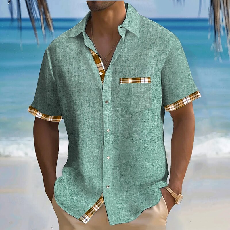 Men's Geometric Grid / Plaid Linen Shirt Summer Shirt Button Up Shirt Short Sleeve Fashion Casual Vacation Holiday Beach Wear Summer Spring Turndown Collared Shirts Front One Pocket Blue Green Gray3