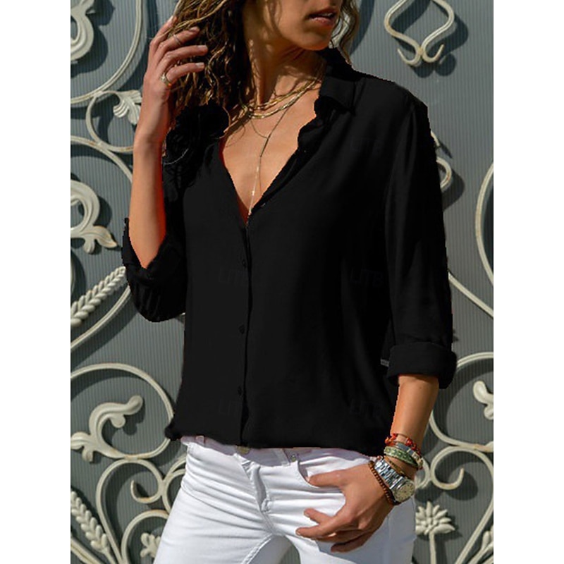 Women's Shirt Button Down Blouse Solid Color Stylish Basic Casual Long Sleeve Shirt Button Down Blouse Collar Regular Tops Work Daily Buttons Black White Yellow Light Blue Summer Spring4