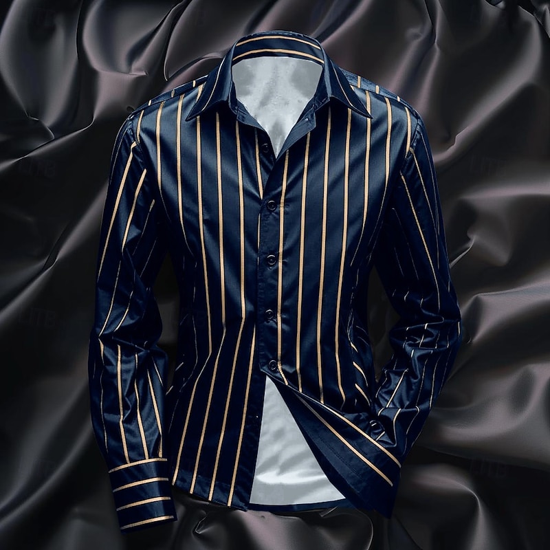 Men's Shirt Satin Shirt Casual Shirt Striped Shirt Button Up Shirt Striped Wedding Vacation Black Navy Blue Green Long Sleeve Collar Spring &  Fall Clothing Apparel2