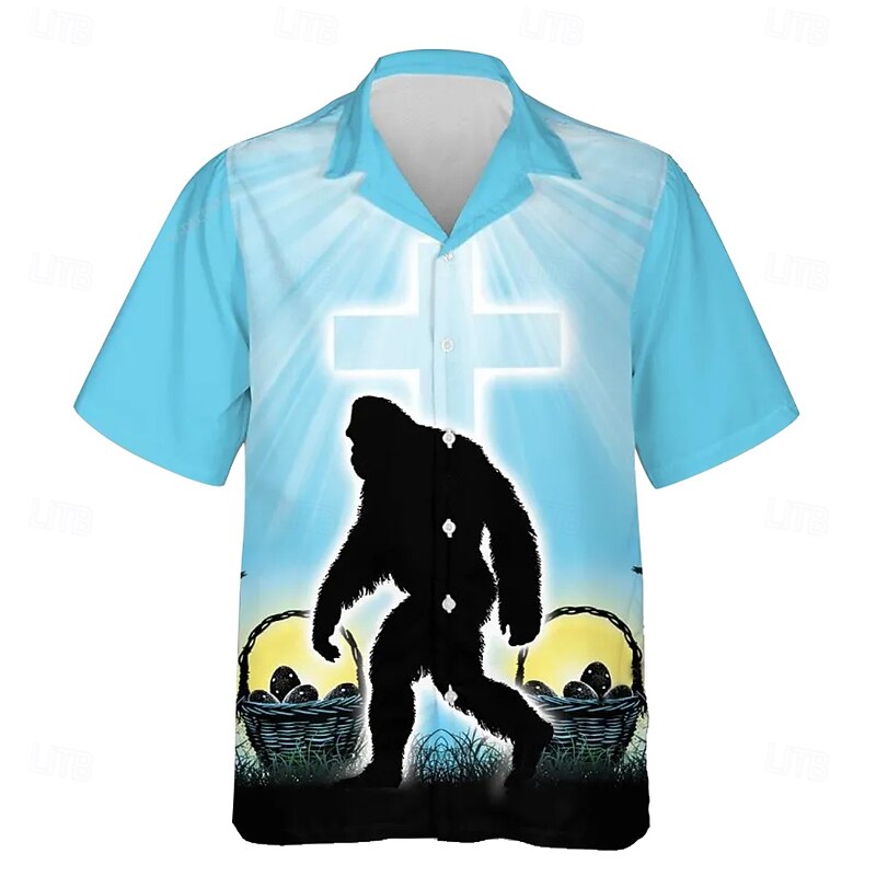 Easter Men's Templar Cross Easter Egg Shirt Cuban Collar Shirt Button Up Shirt Short Sleeve Vintage Retro Holiday Festival Summer Spring Camp Collar Shirt 3D Print Blue2