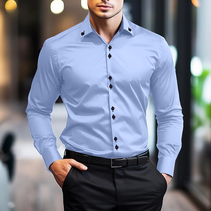 Men's Dress Shirt Plain Wedding Work Light Blue Black White Long Sleeve Spread Collar Summer Spring Clothing Apparel